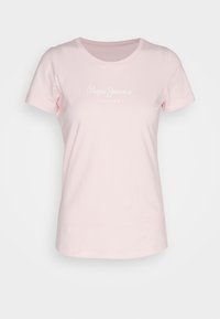 Růžové bavlněné tričko s krátkými rukávy, kulatým výstřihem a bílým potiskem "Pepe Jeans London" na přední straně. Měkká struktura, volný střih.
