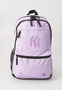 Purple fabric backpack with black accents, featuring a prominent purple embroidered New York Yankees logo and multiple zippered compartments.