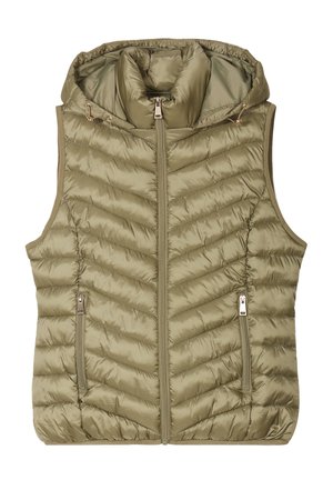 Chaleco acolchado sin mangas en verde oliva, con capucha, cierre de cremallera y dos bolsillos laterales con cremallera con detalle de costura en forma de chevron.