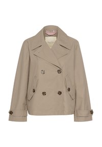 Vaažiminen bež safirivärisellä trench-manttelilla, jossa on suuri leikauskaulus, kaksi etutaskua ja ruskeat napit. Silkkinen kangas, jossa on minimaalinen rakenne.