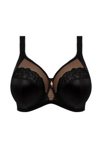 Soutien-gorge noir alliant un satin lisse et de la dentelle, avec un panneau supérieur en maille texturée et des bretelles réglables. Détail central avec une petite accent.
