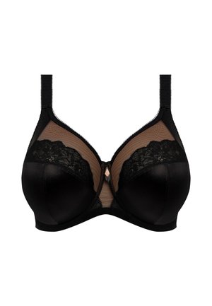 Reggiseno nero caratterizzato da un mix di satin liscio e pizzo, con un pannello superiore in rete testurizzata e spalline regolabili. Dettaglio centrale con un piccolo accento.