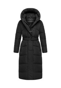 Black puffer coat with a high collar and hood, belted waist, front buttons, and side pockets. Features a quilted pattern for insulation.