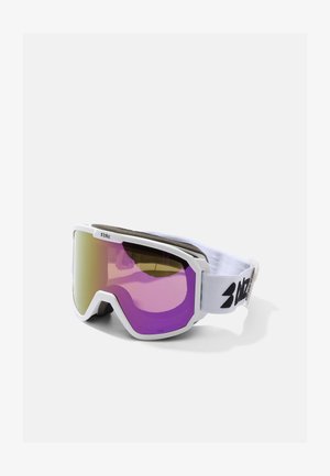 Occhiali da sci con montatura bianca, lente a specchio viola e fascia regolabile bianca con logo nero. Progettati per sport all'aperto.