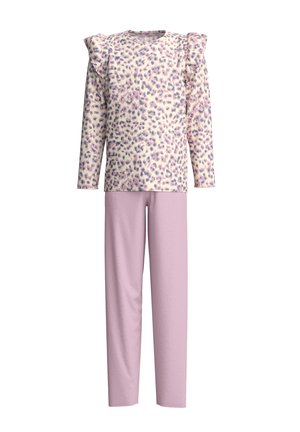 Meisjes pyjama set met twee delen, met een langarm top met luipaardprint en schouder ruches en effen lichtpaarse broek.