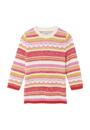 Sveter s dlhým rukávom vyrobený z pleteniny s horizontálnymi pruhmi v ružovej, červenej, bielej a žltej farbe, so štruktúrovaným čipkovaným vzorom a okrúhlym výstrihom.
