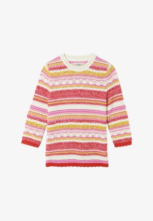 Sveter s dlhým rukávom vyrobený z pleteniny s horizontálnymi pruhmi v ružovej, červenej, bielej a žltej farbe, so štruktúrovaným čipkovaným vzorom a okrúhlym výstrihom.