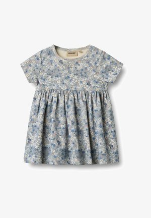 Rochie cu mâneci scurte din țesătură florală albastră, cu un bust ajustat și fustă plisată, decolteu rotund și textură moale.