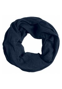 Navy blue infinity scarf made of lightweight, textured fabric, featuring a soft, draped design with no visible hardware or accents.