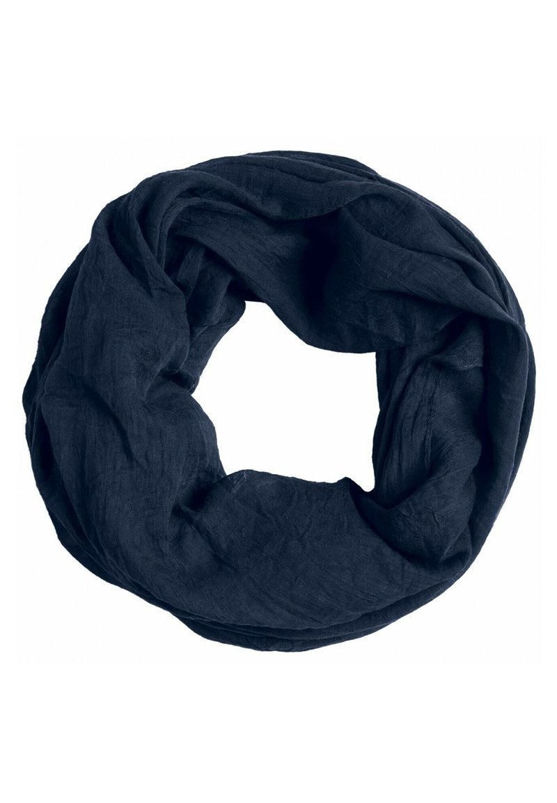Navy blue infinity scarf made of lightweight, textured fabric, featuring a soft, draped design with no visible hardware or accents.