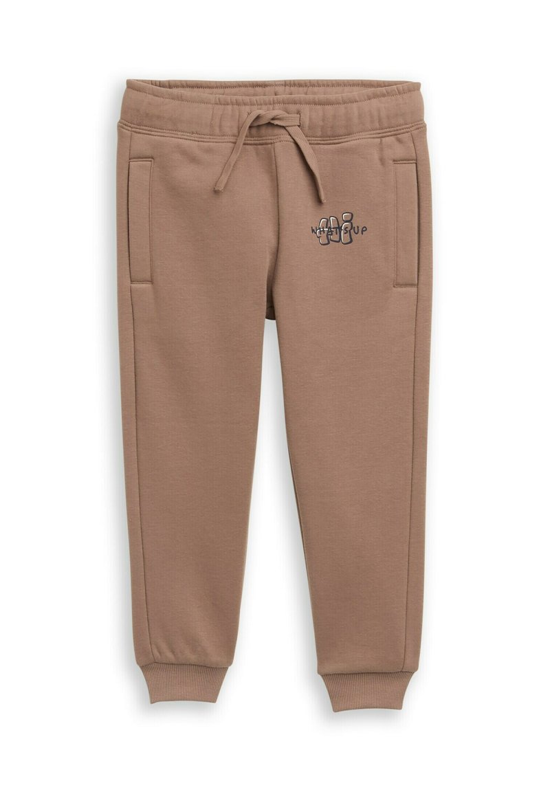 Bruine joggingbroek gemaakt van zachte stof, met zijzakken, een elastische tailleband met koord en een kleine grafische tekst aan de voorkant.