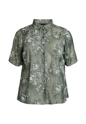 Kurzärmelige, zum Knöpfen geeignete Bluse aus grau-grünem, transparentem Stoff mit weißem Blumenmuster und spitzem Kragen.