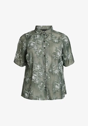 Kurzärmelige, zum Knöpfen geeignete Bluse aus grau-grünem, transparentem Stoff mit weißem Blumenmuster und spitzem Kragen.