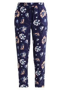 Kalhoty s květinovým potiskem v námořnické barvě, zdobené vícero barevnými vzory květin. Elastický pas s tkaničkou. Rovný střih nohavic.