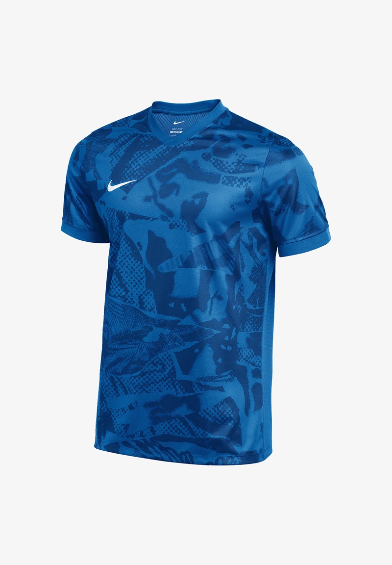 Camiseta deportiva Nike de manga corta en azul con patrones abstractos en azul más oscuro y logo de swoosh blanco en el pecho.