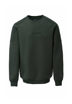 Groene sweatshirt met geribbelde schouderaccenten en het logo "SALSA JEANS" in het zwart. Gemaakt van zacht materiaal, met een ronde halslijn en lange mouwen.