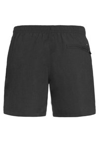 Costume da bagno nero da uomo con fascia elastica in vita e tasca posteriore con cerniera, mostrato da dietro su sfondo bianco.