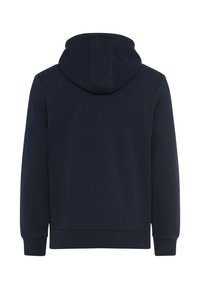 Felpa blu navy con cappuccio regolabile, polsini e fondo a coste, e una texture liscia. Design semplice senza motivi o accenti visibili.