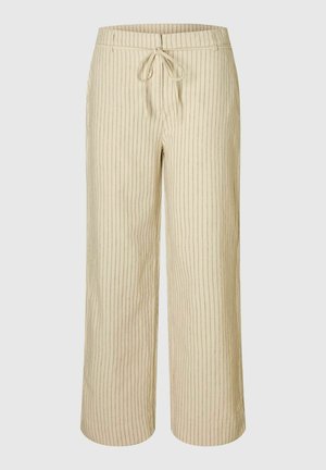 Beige wijde broek met verticale strepen, trekkoord in de taille en een zachte textuur. Heeft een ontspannen pasvorm en is enkel-lang.