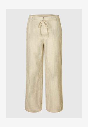 Beige, széles lábú nadrág függőleges csíkokkal, húzózsinórral ellátott derékrésszel és puha textúrával. Jellemzője a laza fazon és a boka hosszúságú kivitel.