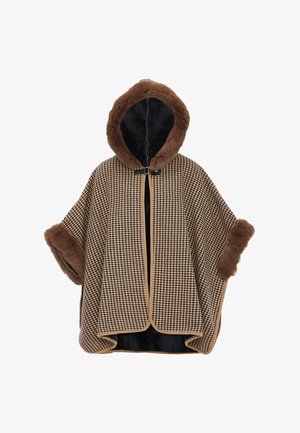 Poncho à motif pied-de-coq marron et beige, avec un bord en fourrure, une capuche et des ouvertures latérales. Présente une fermeture éclair à l'avant et une doublure douce.