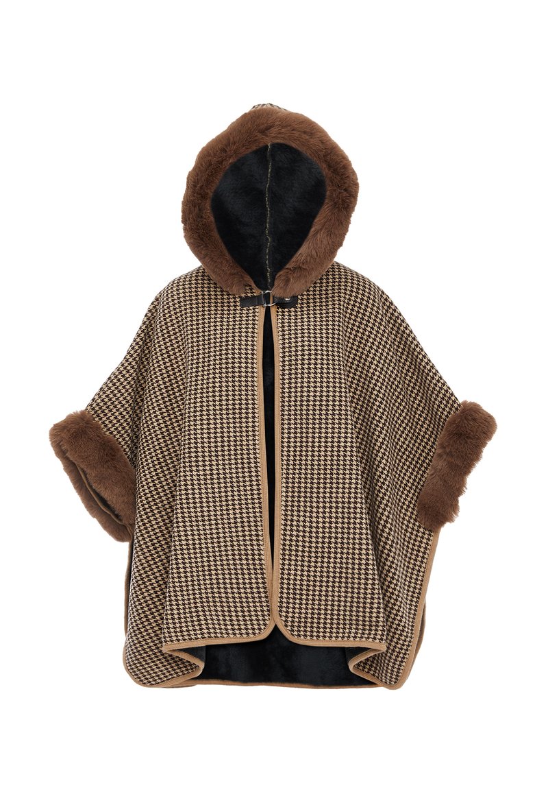 Poncho berbulu coklat dan beige dengan pola houndstooth, dilengkapi dengan trim bulu, tudung, dan bukaan samping. Fitur ritsleting di depan dan lapisan yang lembut.