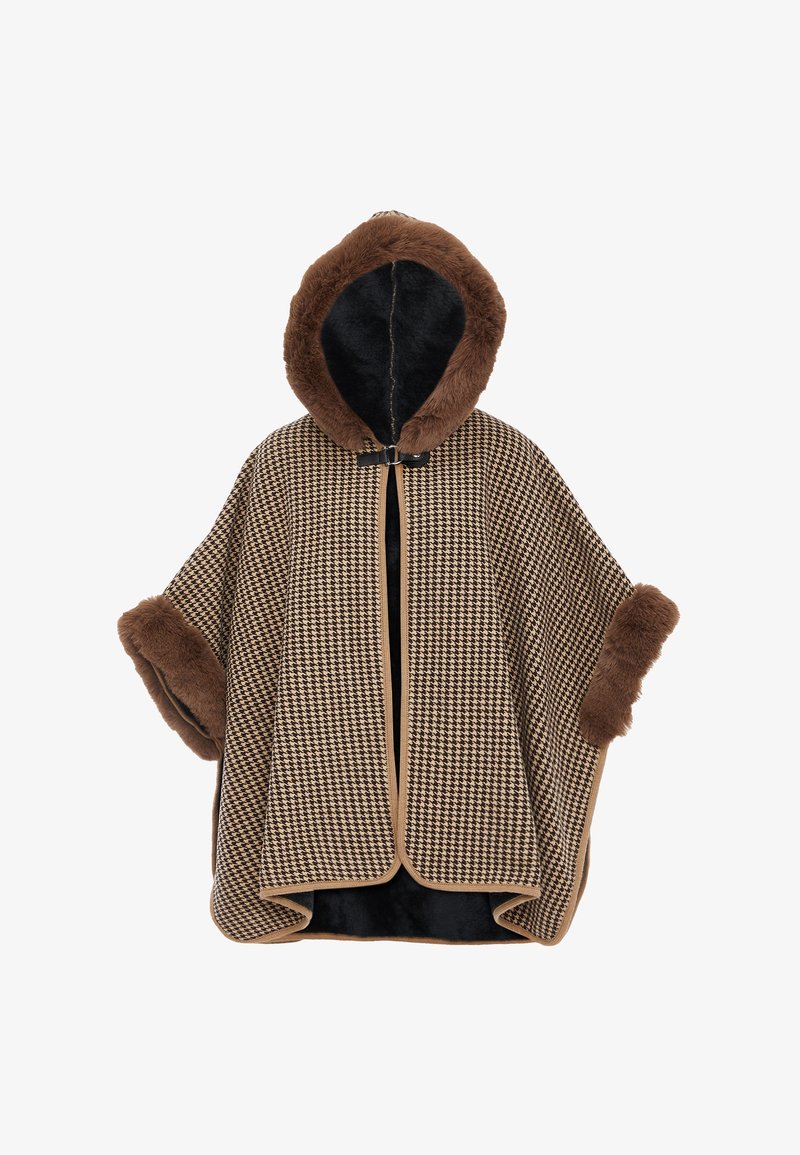 Brun og beige houndstooth-mønstret poncho med pelskant, hætte og sidelukninger. Har en lynlåslukning foran og blødt foer.