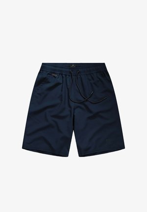 Marineblaue Herren-Badeshorts mit elastischem Bund, schwarzem Kordelzug, seitlichen Taschen und kleinem vorderem Logodetail.