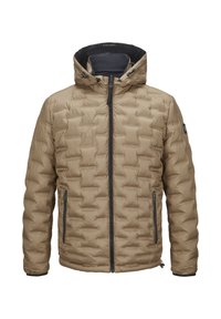 Hellbraune gesteppte Daunenjacke mit schwarzem Reißverschluss, Kapuze mit Kordelzug und seitlichen Reißverschlusstaschen vor weißem Hintergrund.