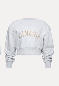 Pilkas trumpas megztinis su ilgomis, apimties rankovėmis. Priekyje yra užrašas "LAMANIA" čekiniu raštu. Pagamintas iš minkštos medžiagos.