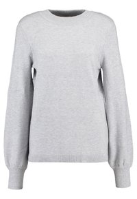 Ljust grå stickad tröja med rund hals, långa ärmar och ribbade muddar och nederkant. Mjuk textur med en slät yta.