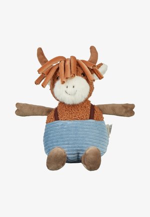 Plush toy resembling a brown cow with curled horns, a white snout, curly hair strands, wearing blue corduroy pants and suspenders.