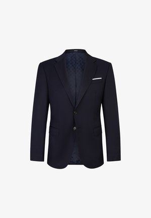 Granatowa marynarka z klapami, dwoma przednimi kieszeniami i jedną białą poszetką. Wnętrze wykończone jest wzorzystą, teksturowaną podszewką.