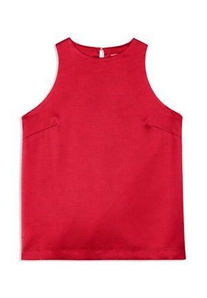 Blouse rouge sans manches avec un col rond haut et une fermeture au dos par boutons, fabriquée en tissu lisse.