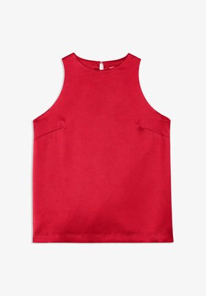 Blouse rouge sans manches avec un col rond haut et une fermeture au dos par boutons, fabriquée en tissu lisse.