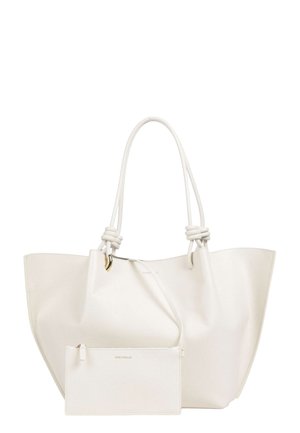 Sac fourre-tout en cuir blanc avec des poignées doubles nouées et une pochette zippée amovible assortie à l'avant.