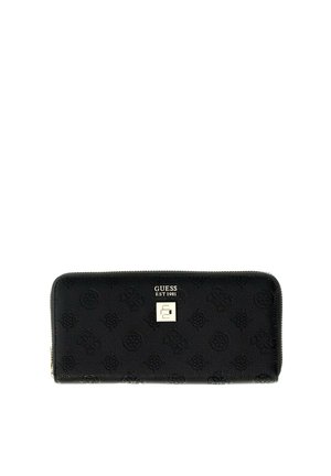 Portefeuille noir Guess zippé avec logos embossés, plaque de marque argentée et surface en cuir synthétique texturé.