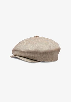 Light beige linen flat cap with a rounded crown, curved brim, and central button accent, featuring a smooth texture.
