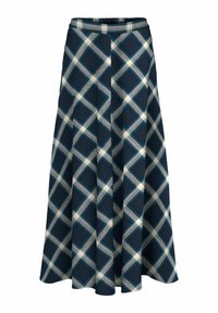 Falda larga hecha de tela tejida en color azul marino con un gran estampado de cuadros en blanco y verde. Presenta una cintura elástica.