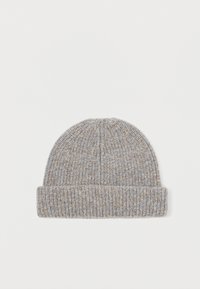 Knit beanie in light gray and beige hues, featuring a ribbed texture and folded cuff for added warmth and style.