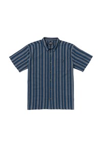 Short-sleeve button-up shirt in dark blue with vertical white stripes, single chest pocket, and contrasting button accents.