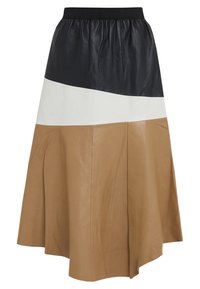 Gonna in pelle caratterizzata da audaci blocchi di colore: nero, bianco e beige. La vita elasticizzata, il design plissettato e la texture morbida ne aumentano l'appeal visivo.