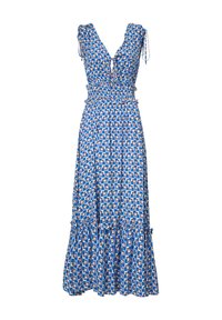Vestido azul estampado con escote en V, mangas cortas atadas y dobladillo de volantes en capas. Presenta diseños geométricos en tonos de azul, blanco y naranja.