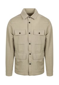 Beige button-up jas gemaakt van een gestructureerde stof. Heeft twee borstzakken en een rechte zoom. Zwarte knopen accentueren de voorkant.