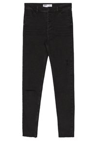 Schwarze, enge Jeans aus Denim mit hoher Taille, vorderen Taschen und abgetragenen Details an den Beinen. Ausgewaschene Textur mit glatter Oberfläche.