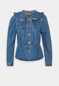 Denim jacket featuring a ruffled collar, puffed sleeves, and five button closures. Blue denim fabric with a fitted waist and peplum detail.