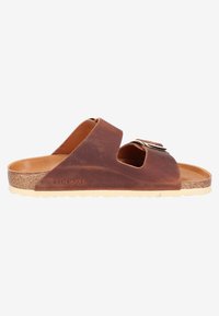 Bruine leren slidersandalen met twee brede banden, voorzien van zilveren gespen, een gevormde kurken voetbed en een gestructureerde rubberen loopzool.