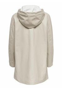 Imperméable long beige avec capuche attachée, vu de dos, présentant des coutures simples et des lignes épurées.