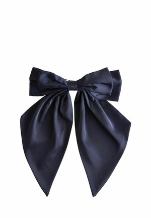 Navy blue satin bow with wide, flowing tails and a central knot. Features a smooth texture and a classic, elegant shape.