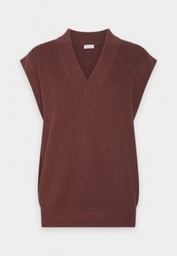 Bruine gebreide mouwloze trui met een diepe V-hals, met een geribbelde textuur en subtiele verticale lijnen.